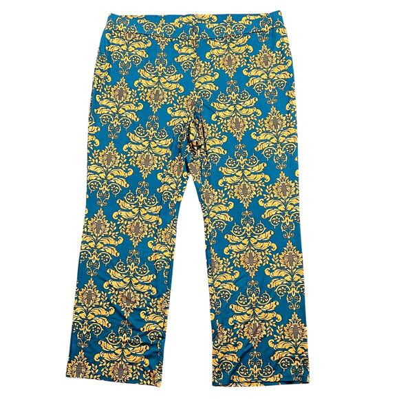 Coldesina Lyon Brocade Pants w Pockets 3X Plus Pull On Blue Gold Straight Leg - Picture 1 of 10